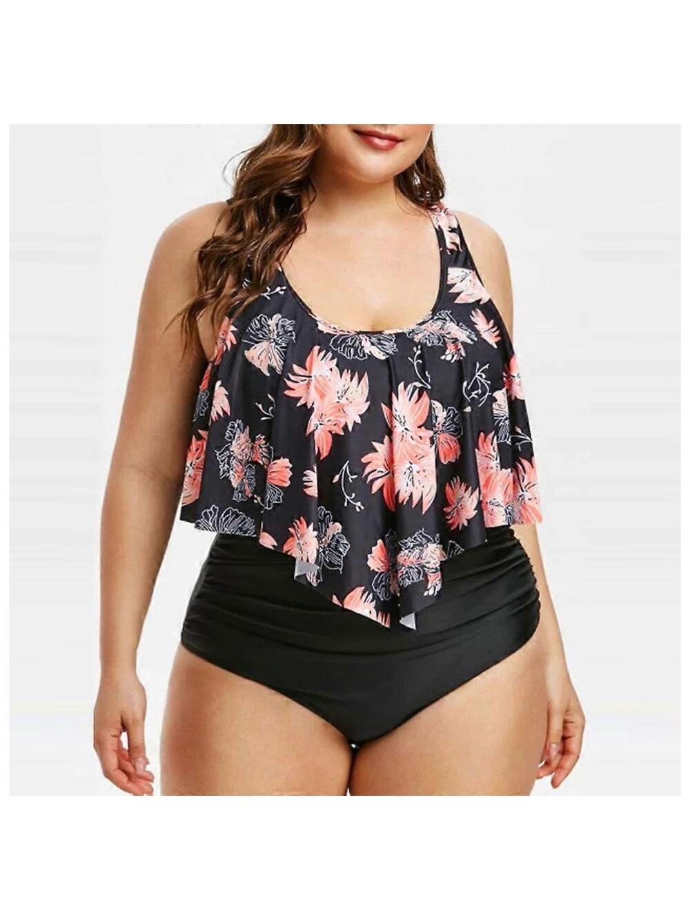 New Amazon High Waist Swimwear Tankini & Bottom Set Ruffles Swimsuit Size 2XL